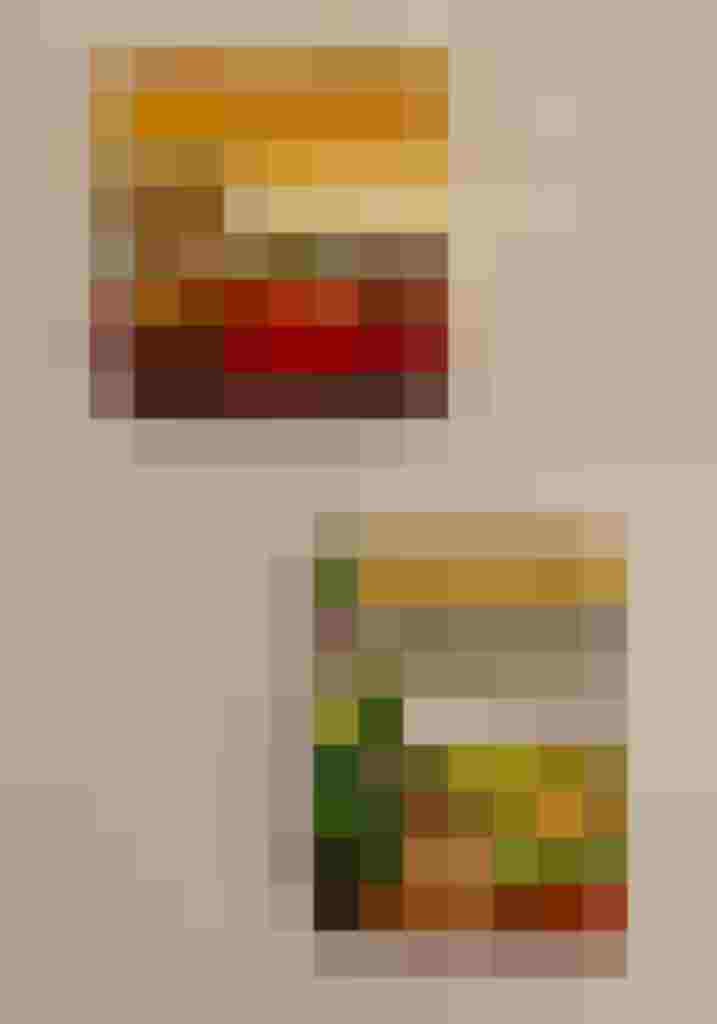 Zwei farbenfrohe Landschaftsgemälde mit Bäumen in sanften Pastelltönen.